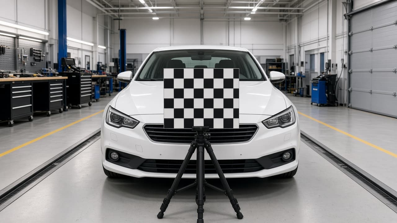 Sedan facing a camera calibration target in an auto shop