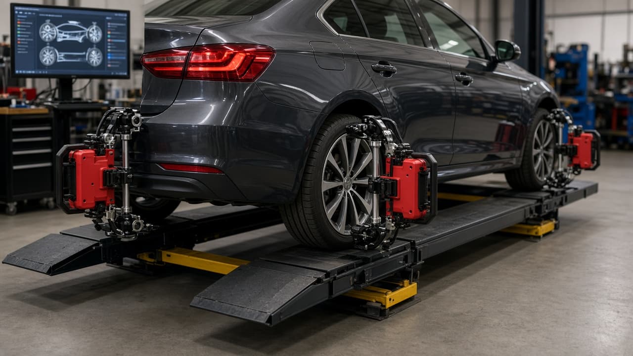 Car on a four-wheel alignment rack with sensors on the tires