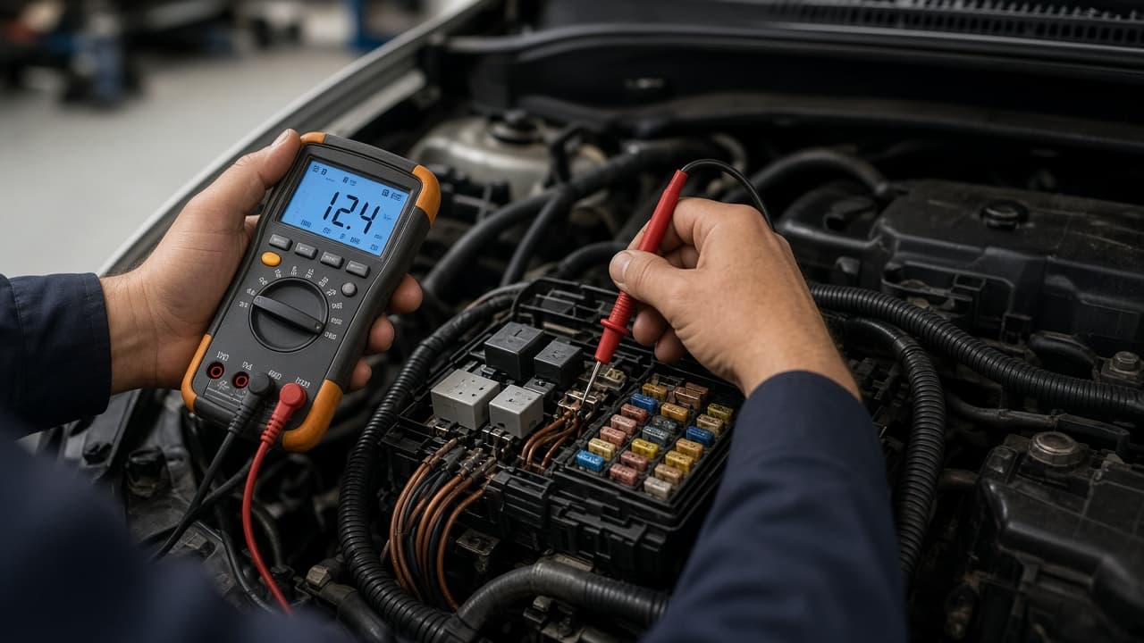 Multimeter testing a car fuse box and wiring under the hood
