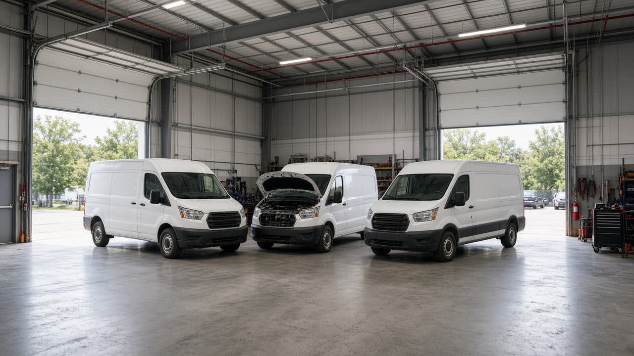 White work vans parked in an auto repair garage