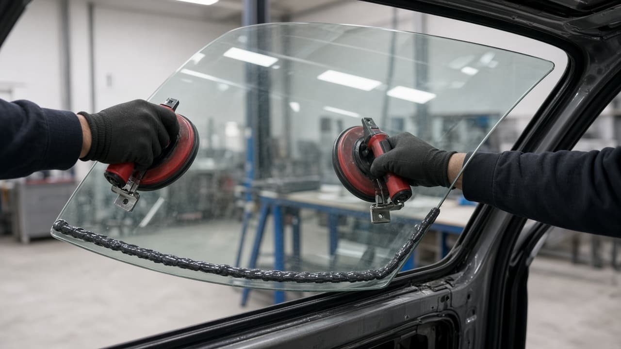 Technician setting a new windshield into a car with suction cups