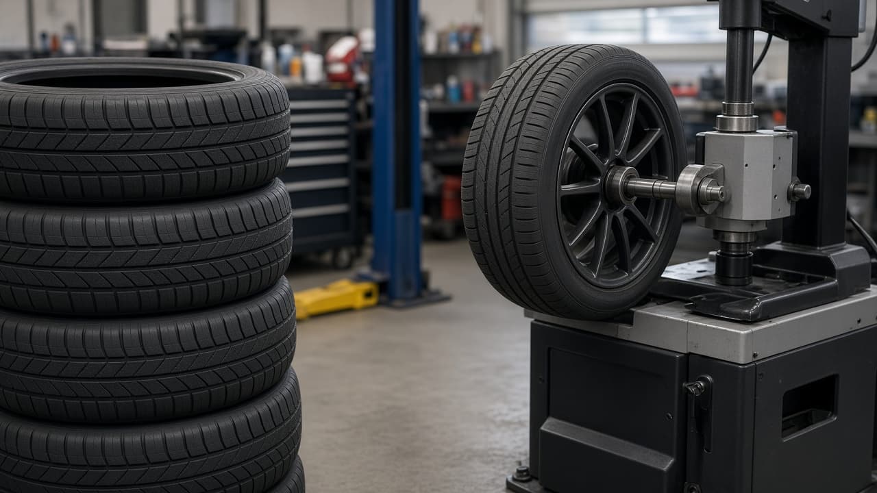 New tires stacked beside a wheel on a tire balancer